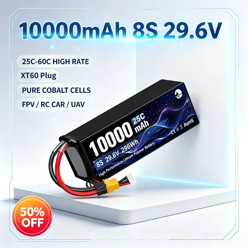 10000mAh 29.6V 25C 8S XT60 PLUG LiPo Battery Pack for RC Car Drone Helicopter High Rate 10Ah Replacement