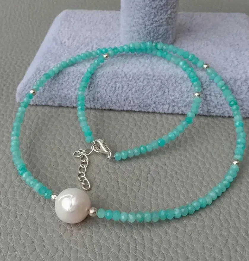

Natural Green Peruvian Amazonite White round freshwater Pearl Choker Necklace 17'' for women jewelry