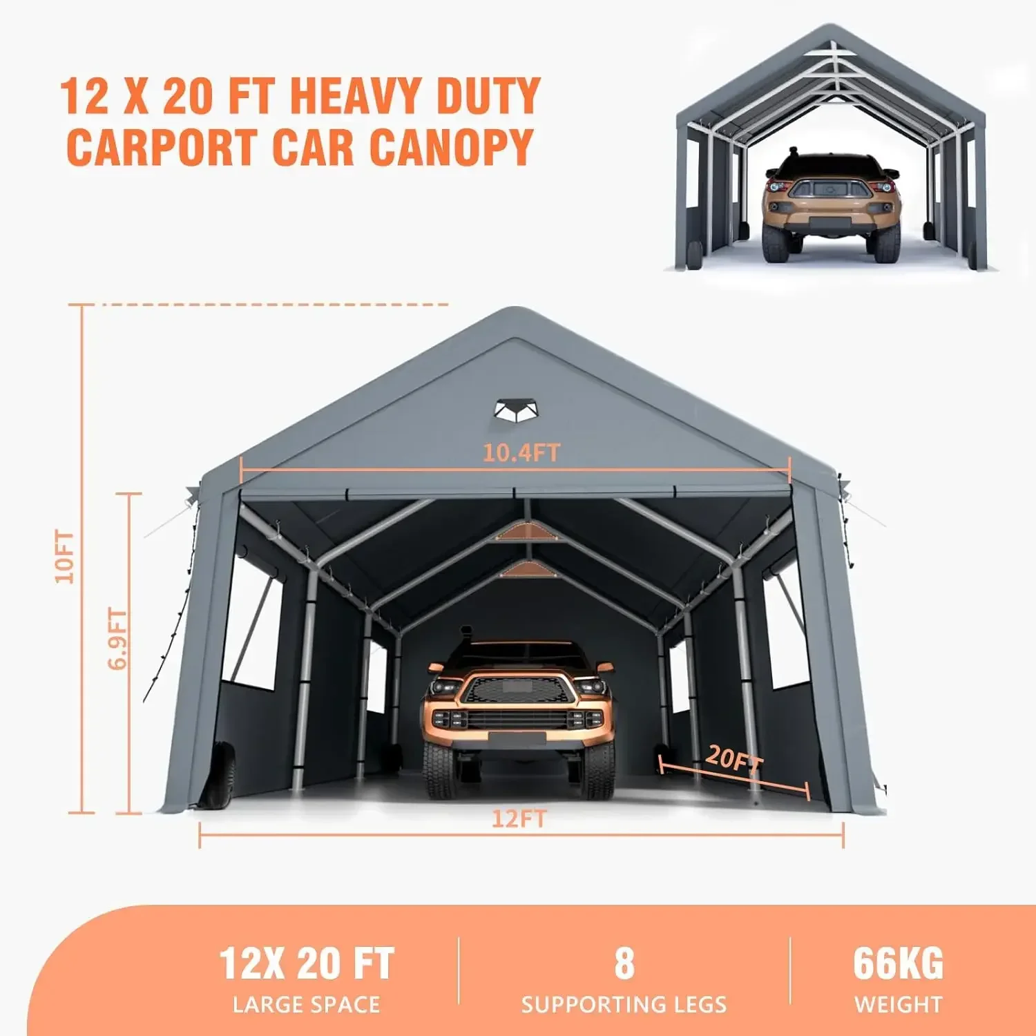 

Автомобильные порта 12x20 для тяжелых условий эксплуатации, автомобильные магазины с боковыми стенками, навес для карспорта на все погоды, серый