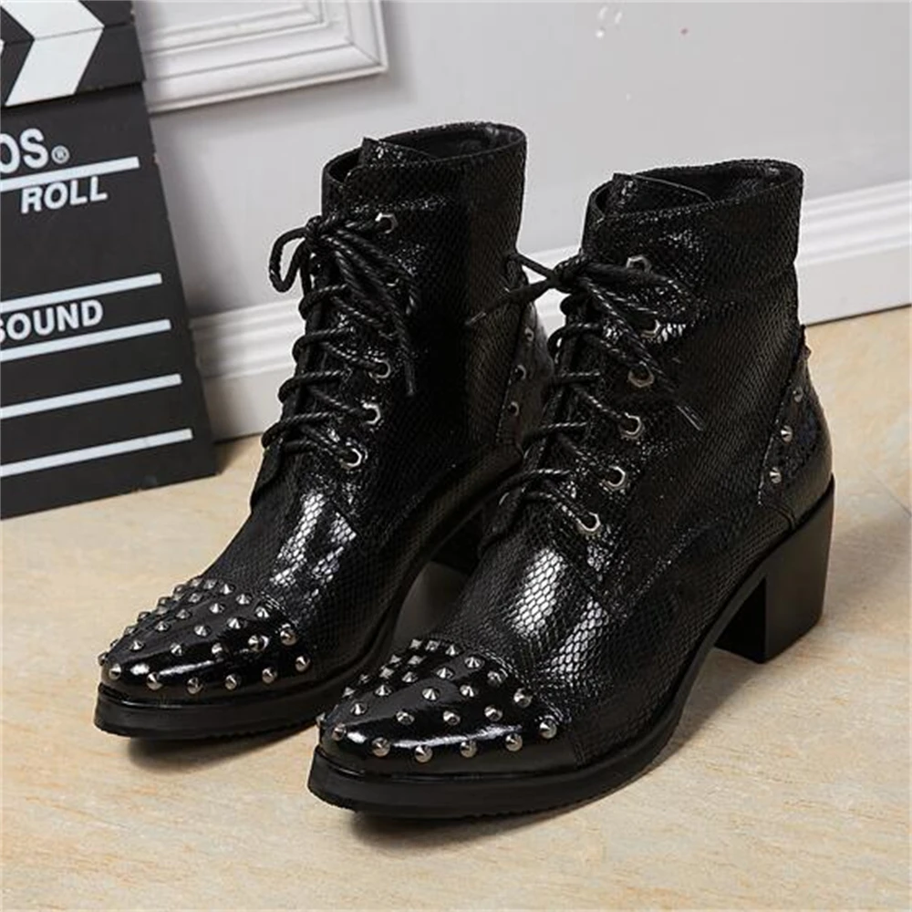 

Black Punk Cross-Tied Rivet Genuine Leather Thick High Heels Pointed Toe Boot Male Plus Size Party Motorcycle Cowboy Dress Shoes