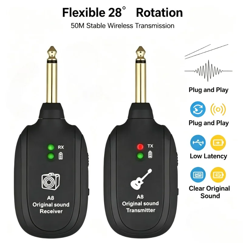 Wireless Guitar Audio System A8 Transmitter Receiver 50M Range Low Latency Sound for Electric Guitar Bass Violin Amplifier Use