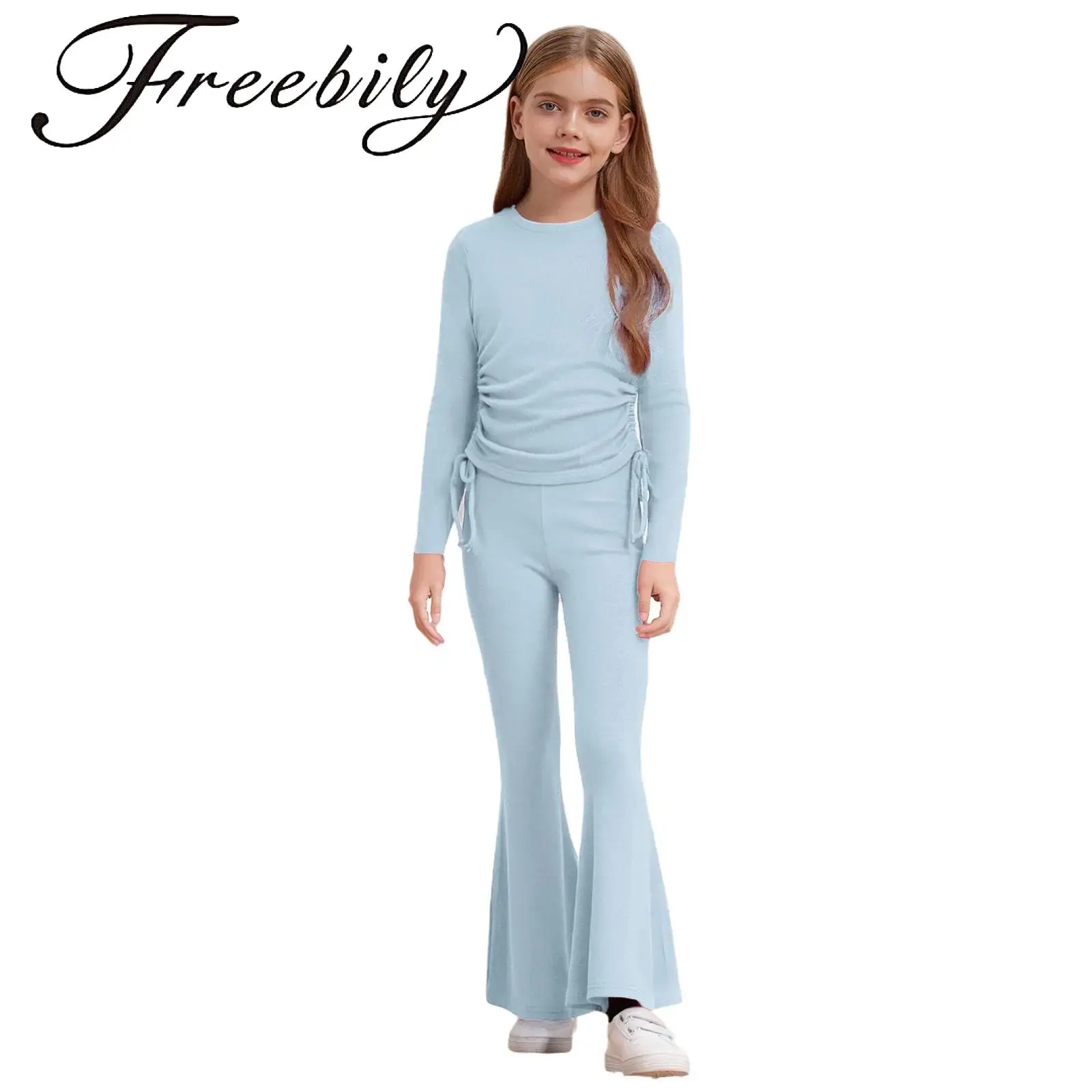

Kids Girls Solid Color Casual Outfit Round Neck Long Sleeve Sides Drawstring Tops with Elastic Waistband Flared Pants