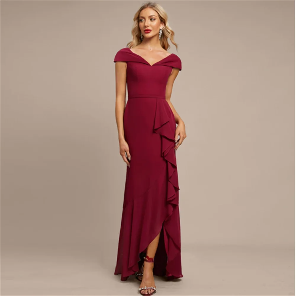 

V-Neck Ruffles Burgundy Mother of the Bride Dresses Cap Sleeve Side Split Long Wedding Guest Dress Simple Formal Prom Gown