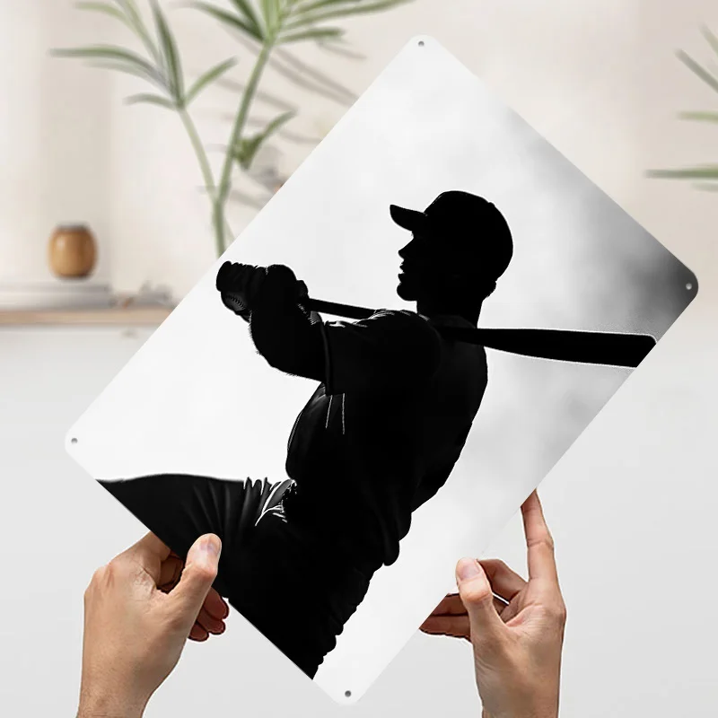 صورة ظلية لاعب البيسبول مع ملصقات مطبوعة على شكل خفاش قابلة للتخصيص على الحائط علامات قصدير معدنية عتيقة لحديقة غرفة المنزل