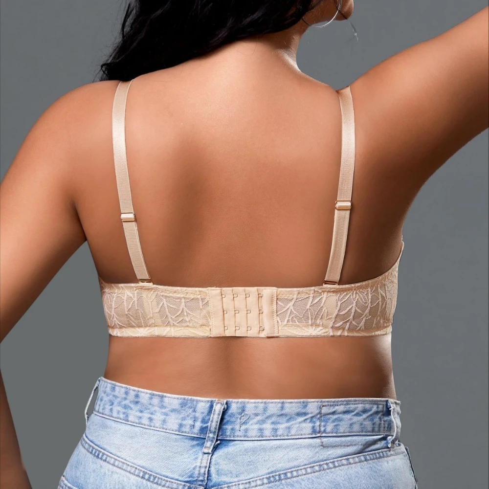 Plus Size Lace Pattern Bra Rear Three Row Buckle Underwire Lift Push Up Side Smoothing Comfortable Women's Underwear