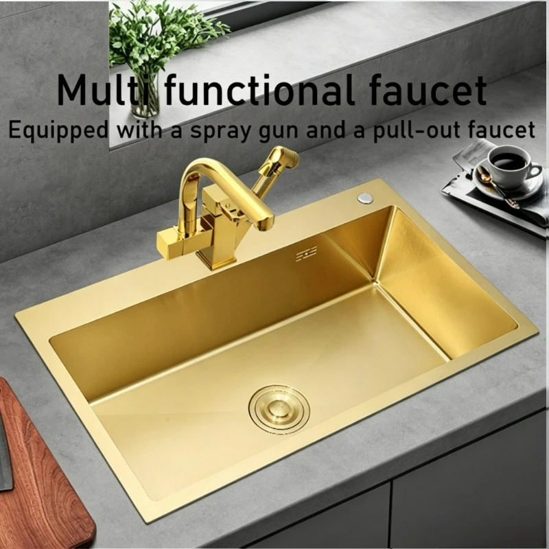 304 Stainless Steel Nano Gold Single Bowl Kitchen Sink Undermount Small Bar Sink with Pull Out Spray Faucet for Home or Wet Bar