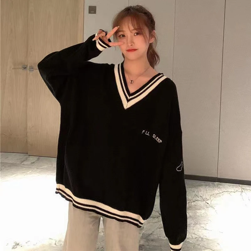 

2022 Autumn Long Sleeve Oversize Knitted Pullover Sweater for Women Preppy Style Female V Neck Harajuku Knitted Sweaters