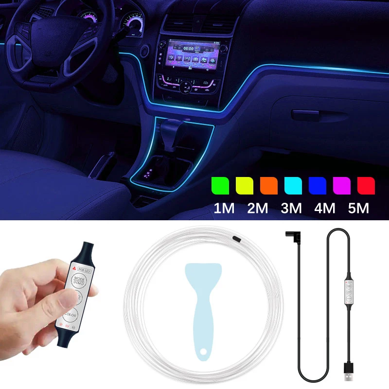 Bande lumineuse multicolore en Fiber optique, 1m/2m/3m/4m/5m, USB, néon, pour intérieur de voiture, lumière d'ambiance, Guide décoratif, DIY