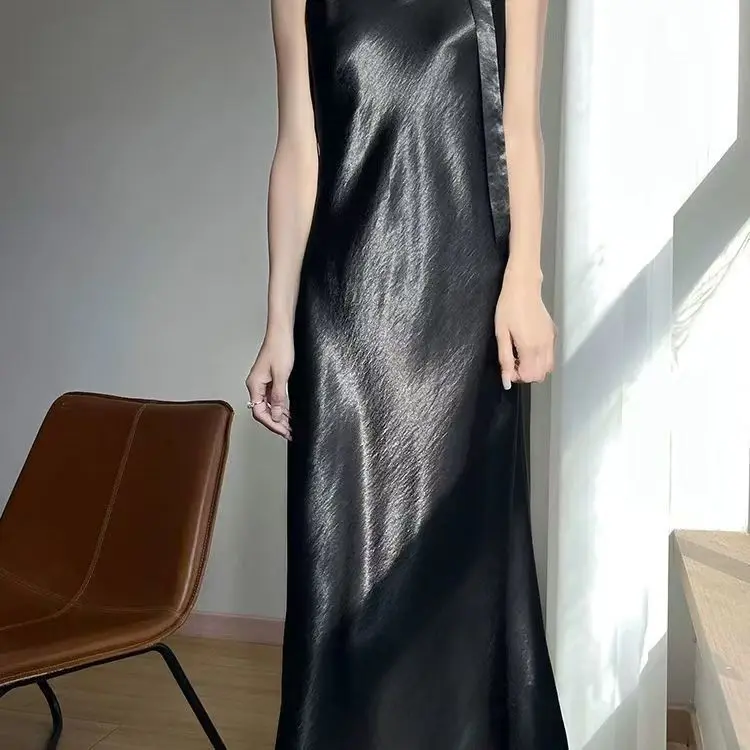 French Elegant Satin Camis Dress Women Summer Loose with Ribbon Midi Dress Female Fashion Aesthetic Party Evening Slip Dress view 6