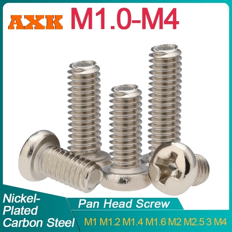 20-500pcs M1 M1.2 M1.4 M1.6 m1.7 M2 M2.5 M2.6 M3 M3.5 M4 Nickel Plated Carbon Steel Cross Phillips Round Pan Head Screw Bolt