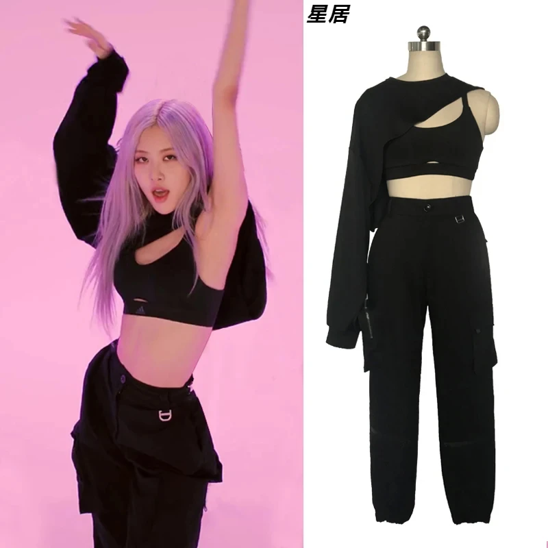 Kpop cantante coreana chaleco recortado negro sudaderas con capucha trajes de baile traje de escenario de Jazz club nocturno mujeres grupo pantalones de baile de Hip-Hop disfraz