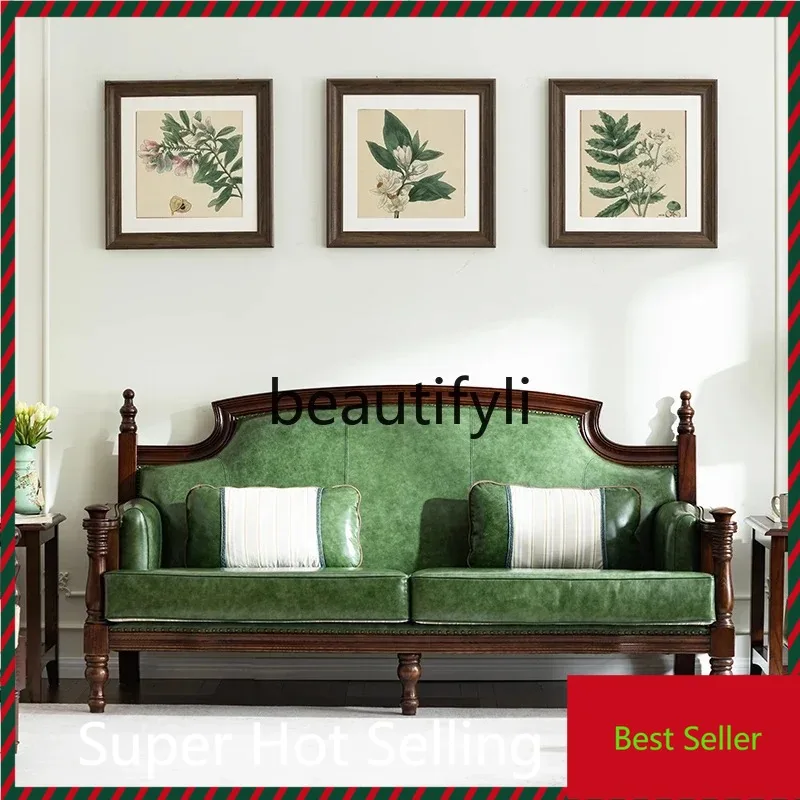 

G80 American sofa green leather living room leather sofa combination European blue high-end first-layer cowhide
