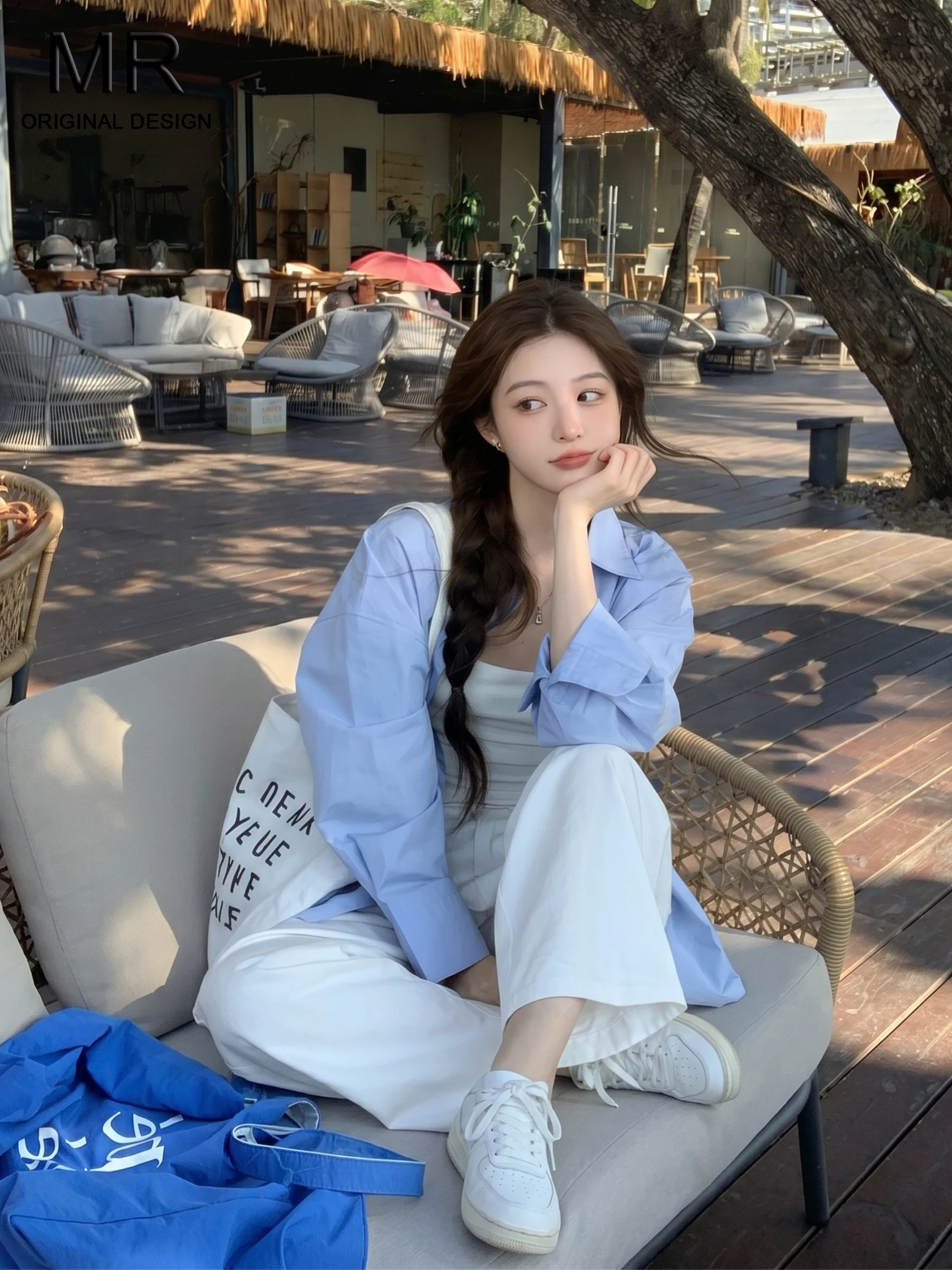 

Loose Fit Casual Commute Style Long Sleeve Shirt Women's Blue Summer New Design Turn-down Collar Top Comfortable Breathable
