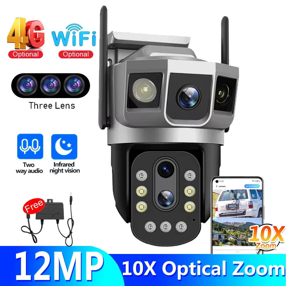 

3 Lens 3 Screens 12MP Wifi Surveillance Camera Security Protection Outdoor 360 Monitoring AI Human Detection Alarm Wireless CCTV