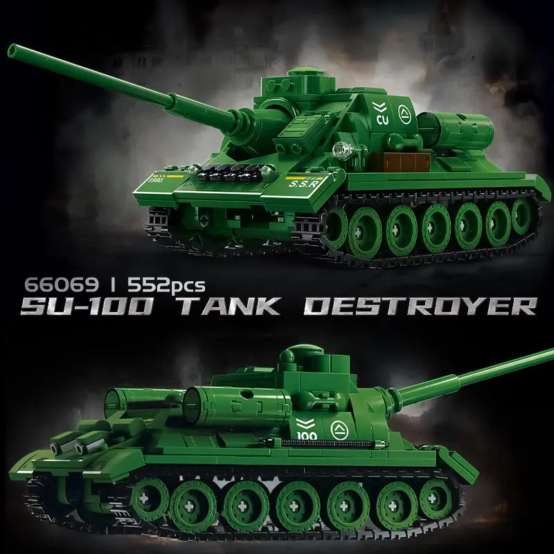 

World War II Soviet SU-100 Tank Destroyer Building Block Assembly Toy with Tracks and Armored Body for 8-Year-Old Boys - 66069