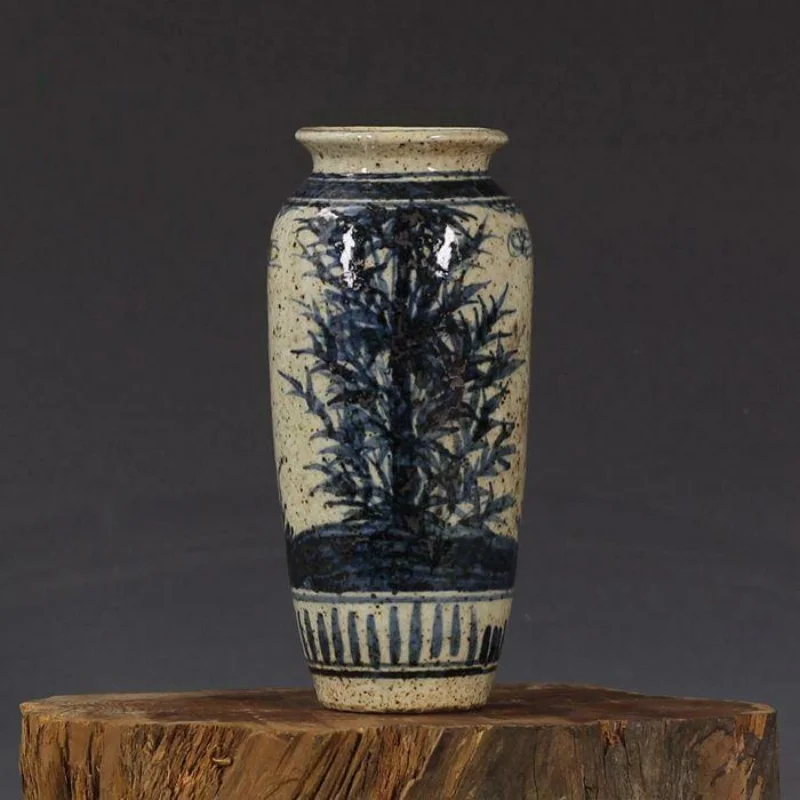 

Blue and White Porcelain Marked Handpainted Bamboo Wax Vase 6.5" Collection Nice Art Work