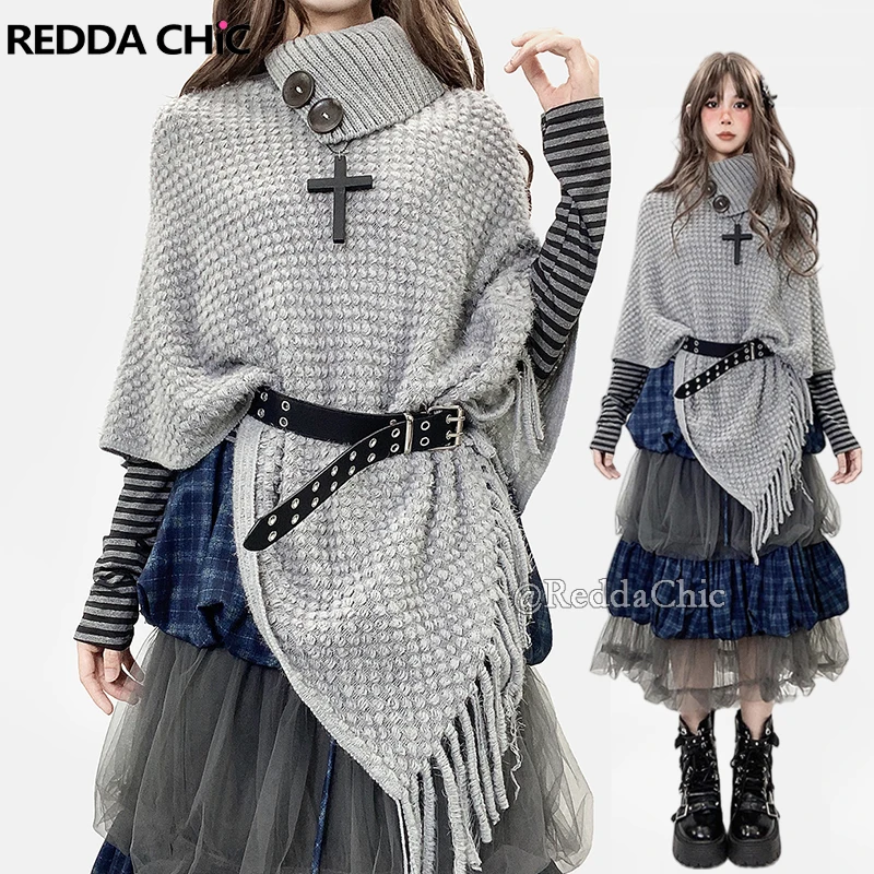 

REDDACHiC Turtleneck Poncho Sweater Women Cape Gray Fringes Asymmetrical Loose Fit Knit Layering Shawl Grunge Alt Autumn Clothes