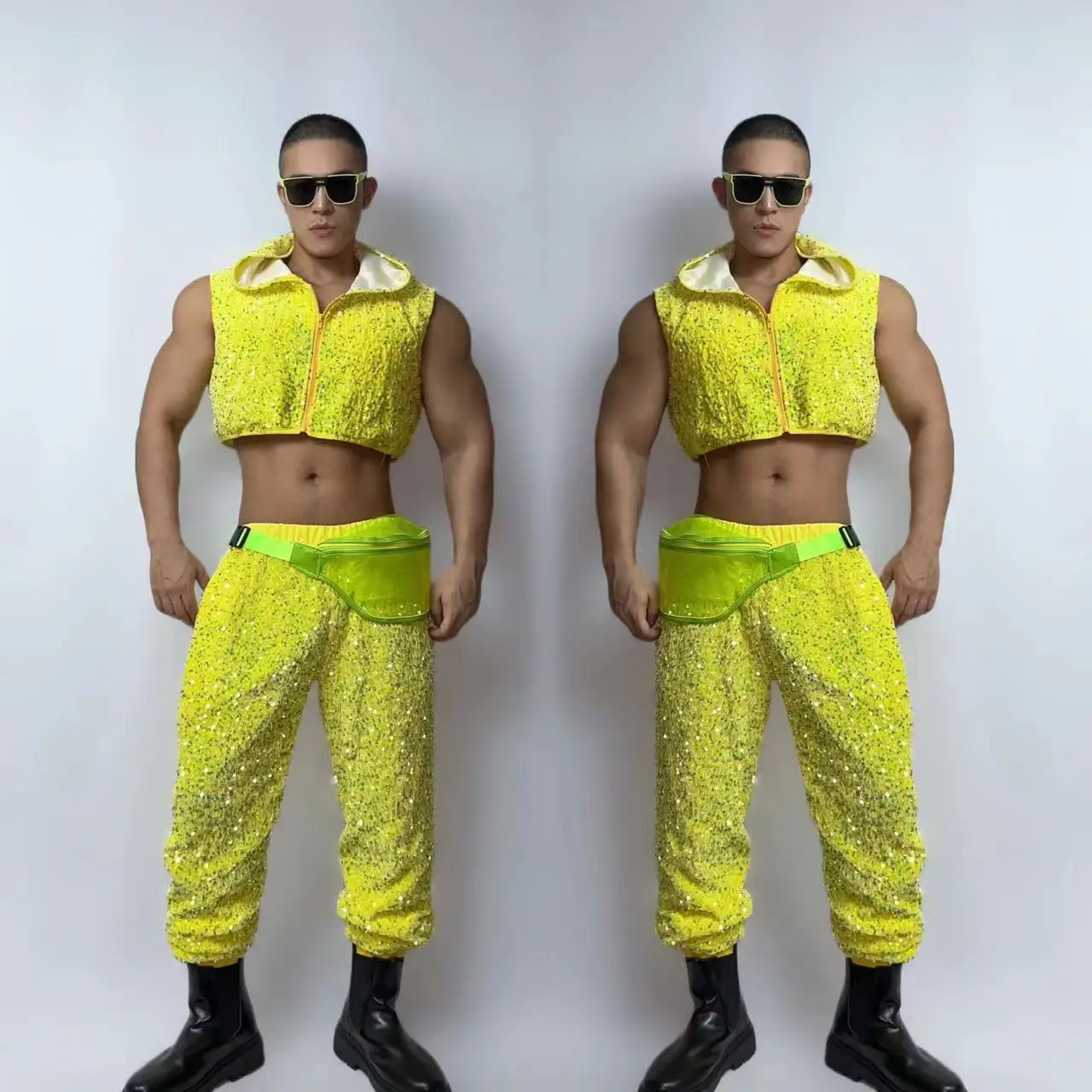 Men\'s Jazz Dance Team Hip Hop 2 Piece Set Performance Clothes Fluorescent Yellow Hooded Vest Pants Nightclub Rave Outfit Costume