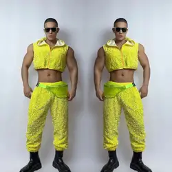 Men's Jazz Dance Team Hip Hop 2 Piece Set Performance Clothes Fluorescent Yellow Hooded Vest Pants Nightclub Rave Outfit Costume