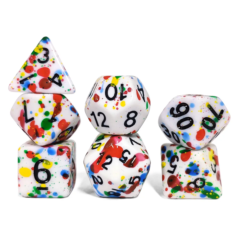 Paint Splatter Dice Set - 7PCS White with Colorful Splash Polyhedral Dice, Perfect for DND RPG & Tabletop Games view 4