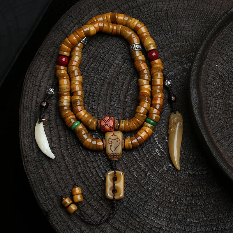 

Tibetan-Style Recycled Yak Bone Large-Diameter Bead Rosary with 108 Beads, Cinnabar-Inlaid Carved Bracelet
