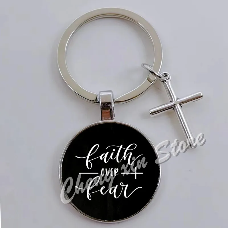 Faith Can Move Mountain -, a glass convex key chain ornament gift with the words My God Jesús Faith Over Fear