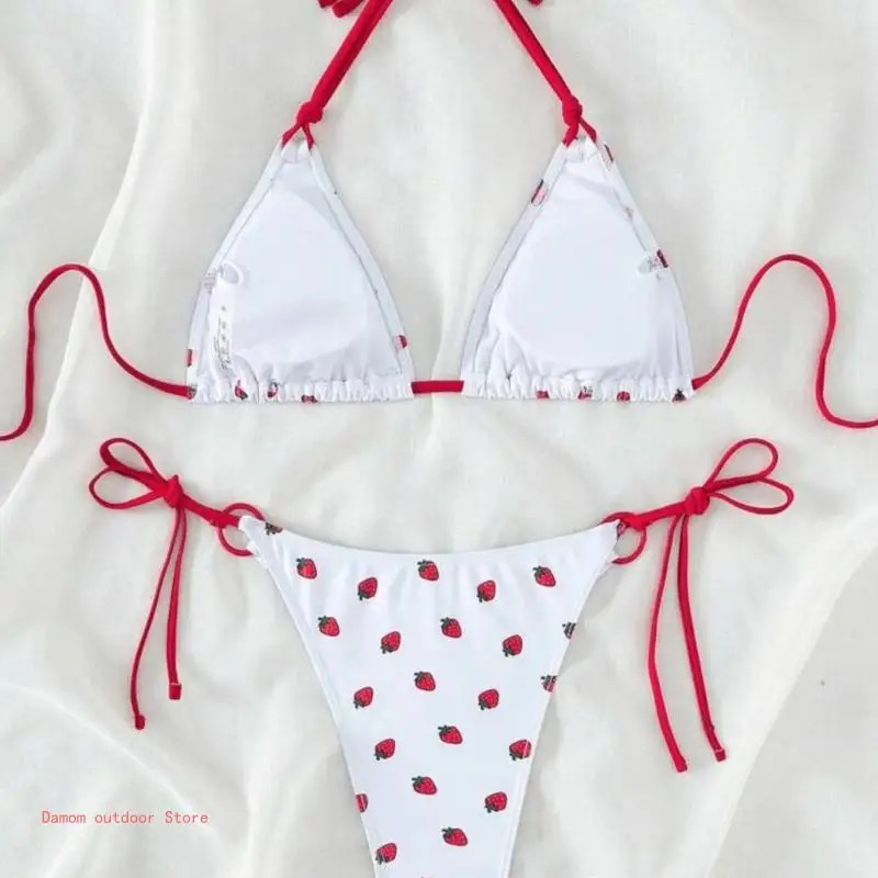 Women Sexy Side Tie Thong Strawberry Print Halterneck Swimsuit Bathing Suit Set