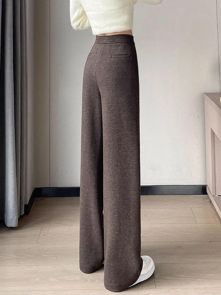 Outono falso lã calças de perna larga feminina y2k cintura alta solta casual calças de perna larga coreano inverno quente streetwear calças retas