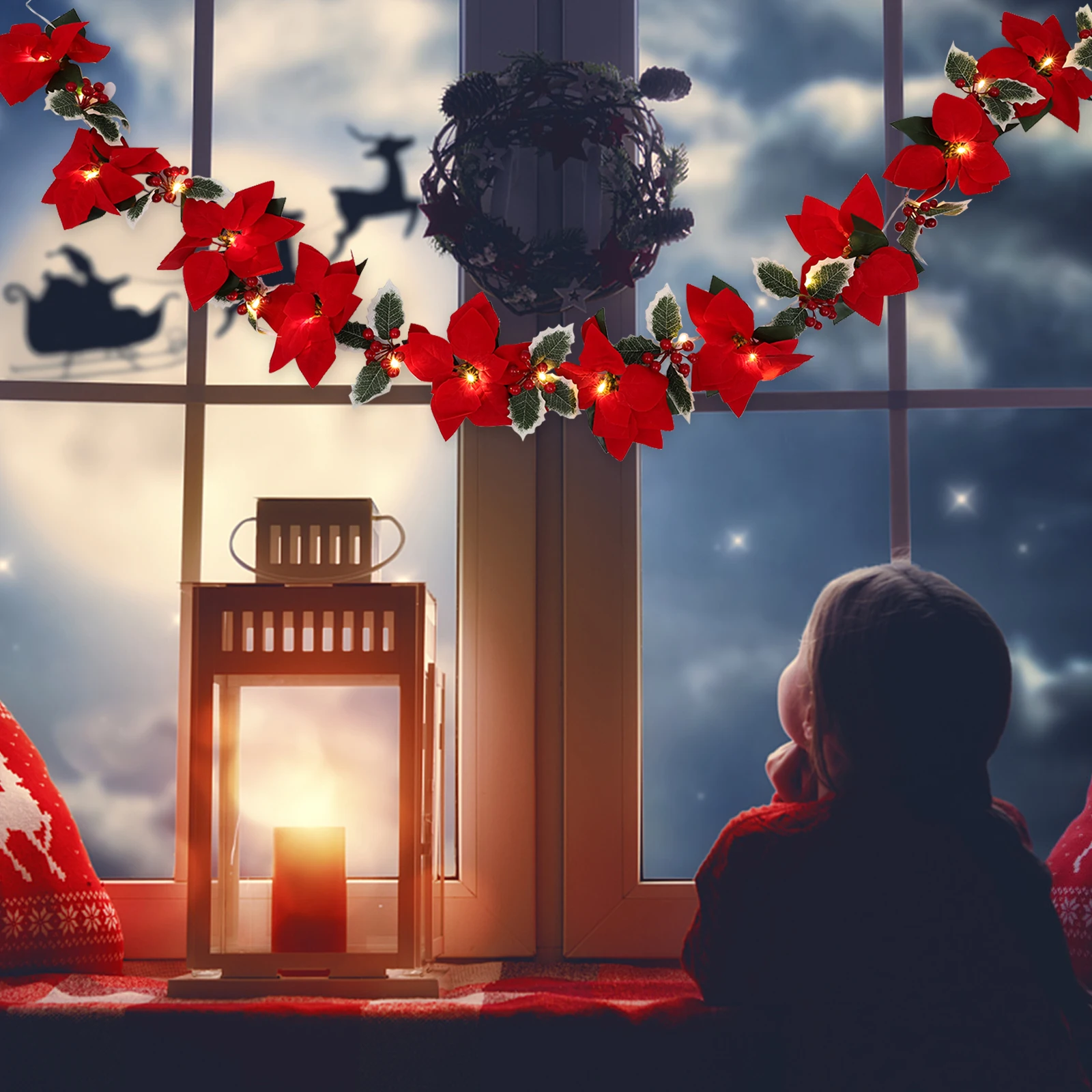

Christmas Decor Red Flowers Wreath Light Waterproof Door Hanging Plastic Party Decorative Reusable Eco Friendly Wreath