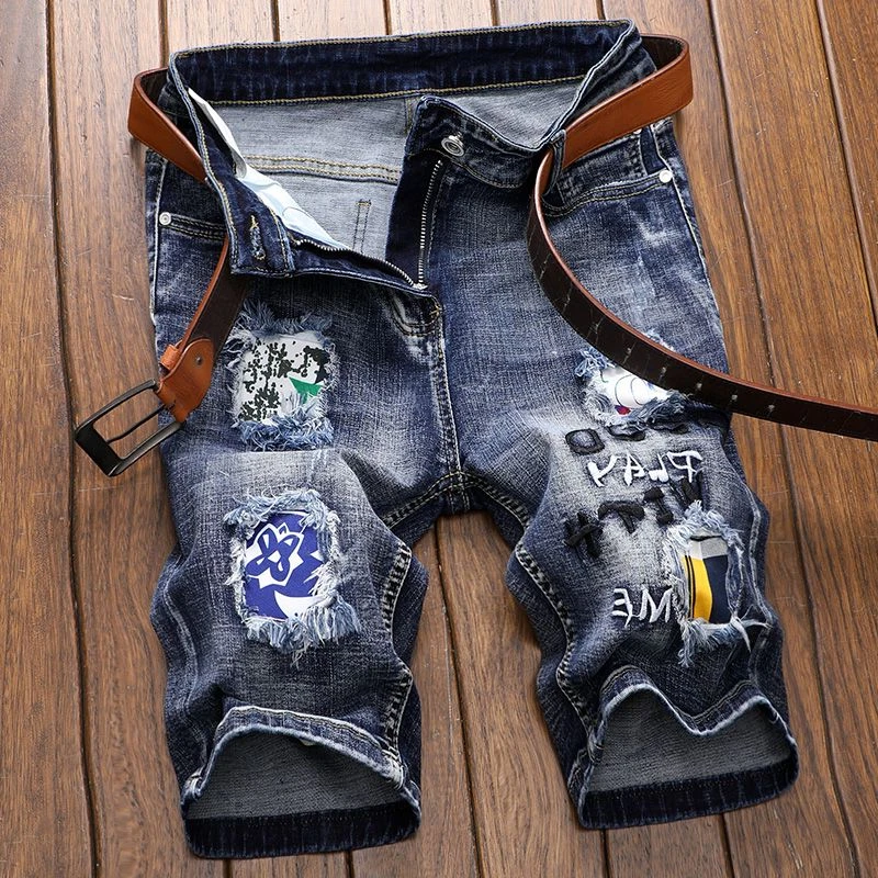 

Man Denim Shorts Straight Patches Ripped Short Jeans Pants for Men Embroidery Y2k Fashion Korean Streetwear Rude New in Summer