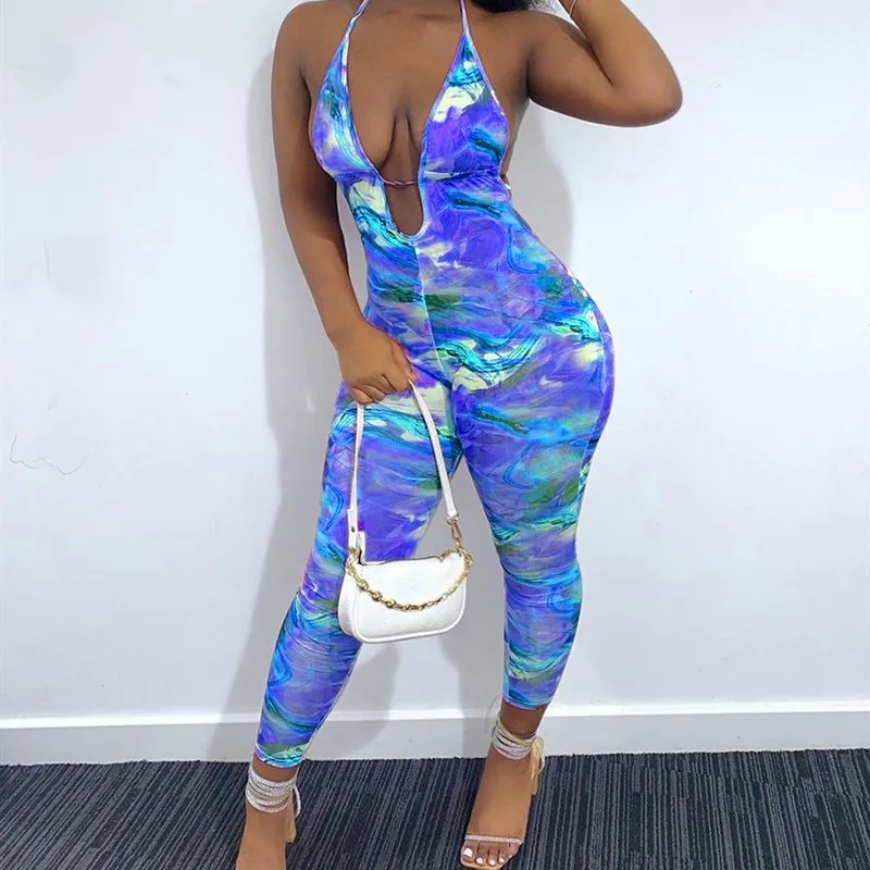 

Летний сексуальный комбинезон TieDye с глубоким V-Ne ter, женские брюки с низкой талией, ткань, другая весна 2025 г., без бренда Cc5xumsc