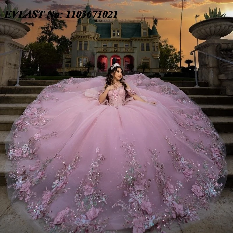 EVLAST Customized Pink Quinceanera Dress Ball Gown 3D Floral Applique Beading Tiered Corset Sweet 16 Vestidos De XV 15 Anos SQ88