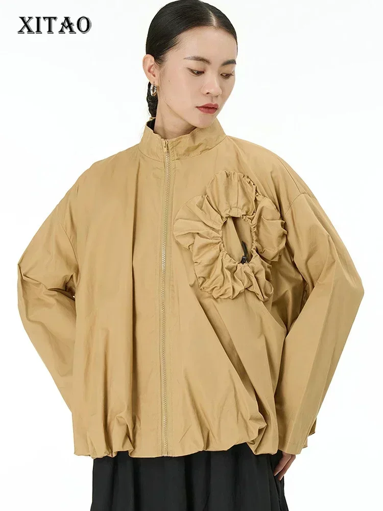 

XITAO Full Sleeve Stand Collar Coat Three Dimensional Decoration Floral Loose Casual 2025 Spring Women New Coat DMJ2351