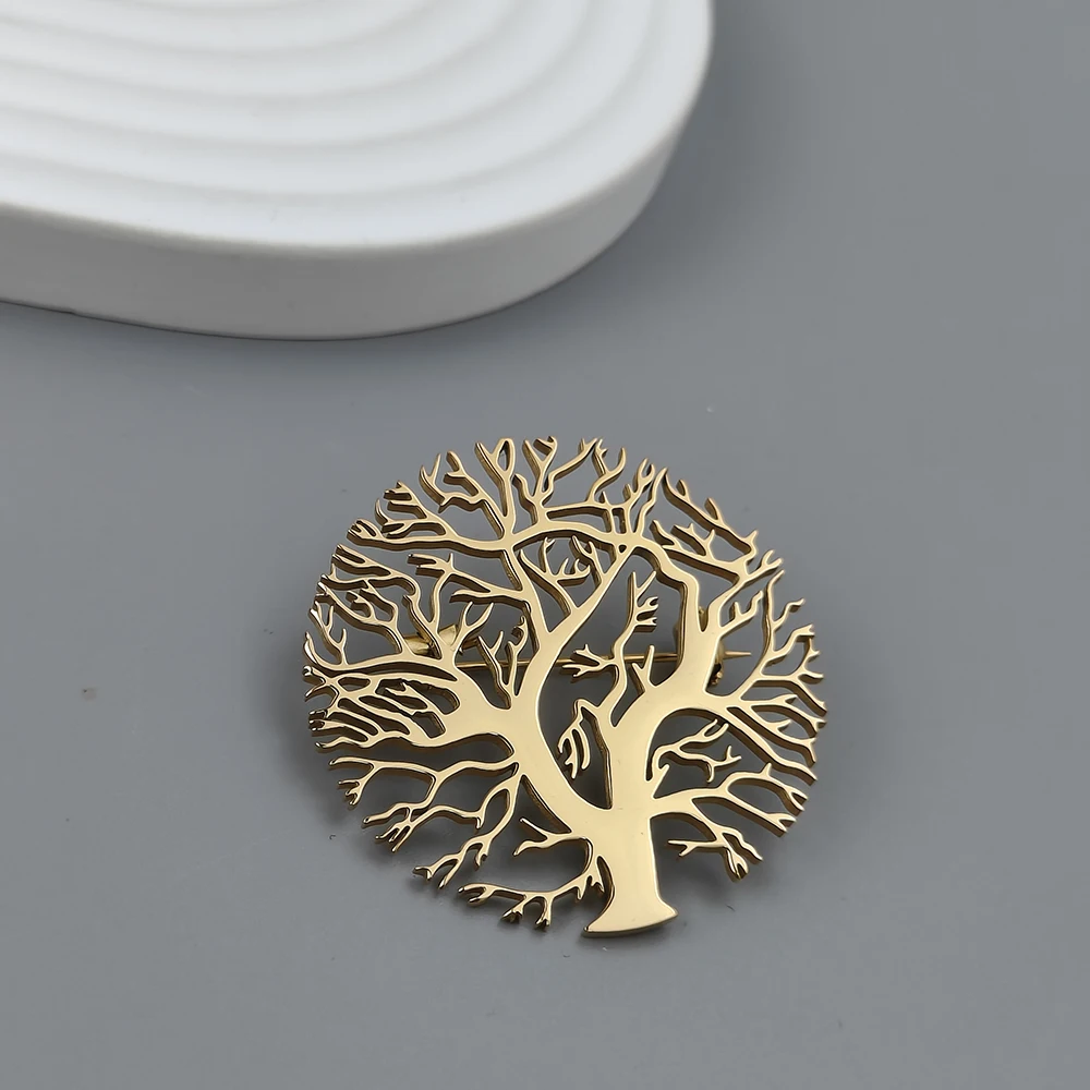 New round tree of life gold-plated stainless steel brooch, men\'s suit pin black, high quality father husband gift set