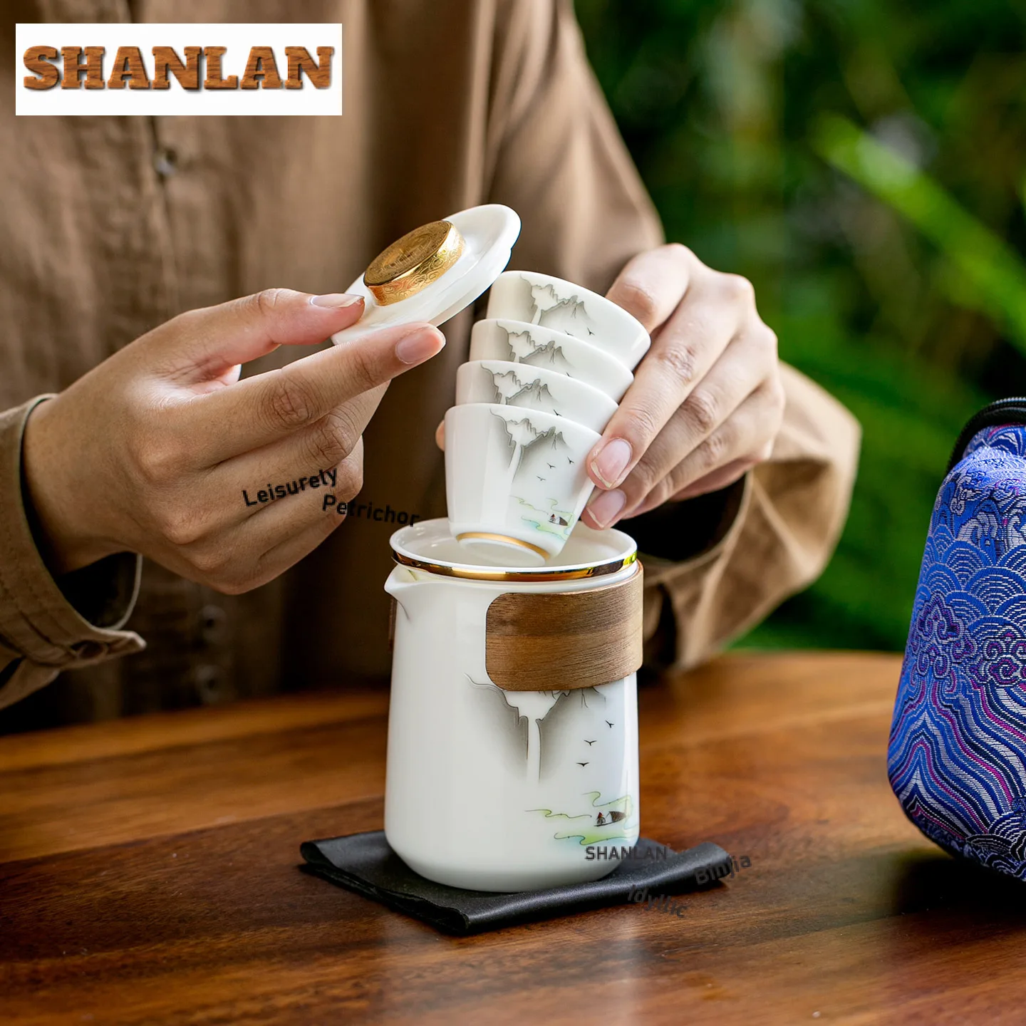 Mutton Fat Jade Porcelain Landscape Travel Tea Set Kit Vintage 1 Pot 4 Cups Tea Brewing Organizer Portable Camping Handbag Gift