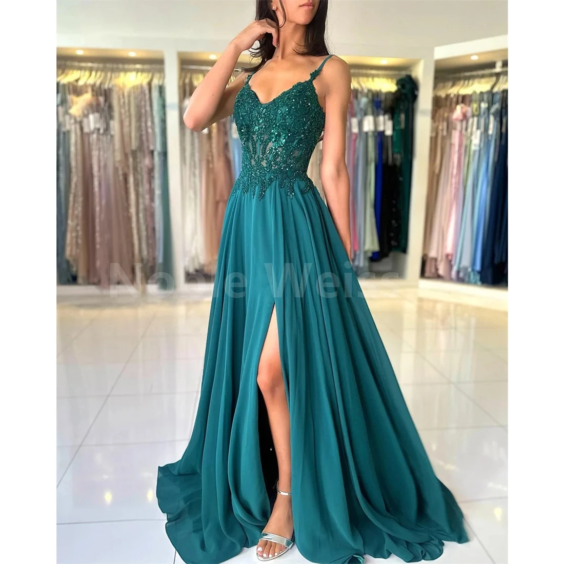 

Chiffon Prom Gown A-line Lace Beading Evening Formal Elegant Sleeveless Floor-length HIgh Split Party Dresses Customized