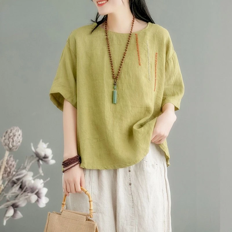 القطن الكتان تي شيرت المرأة موضة التطريز تنفس تي شيرت عادية فضفاضة قصيرة الأكمام Top الاتجاه الصيف رقيقة التي شيرت #4