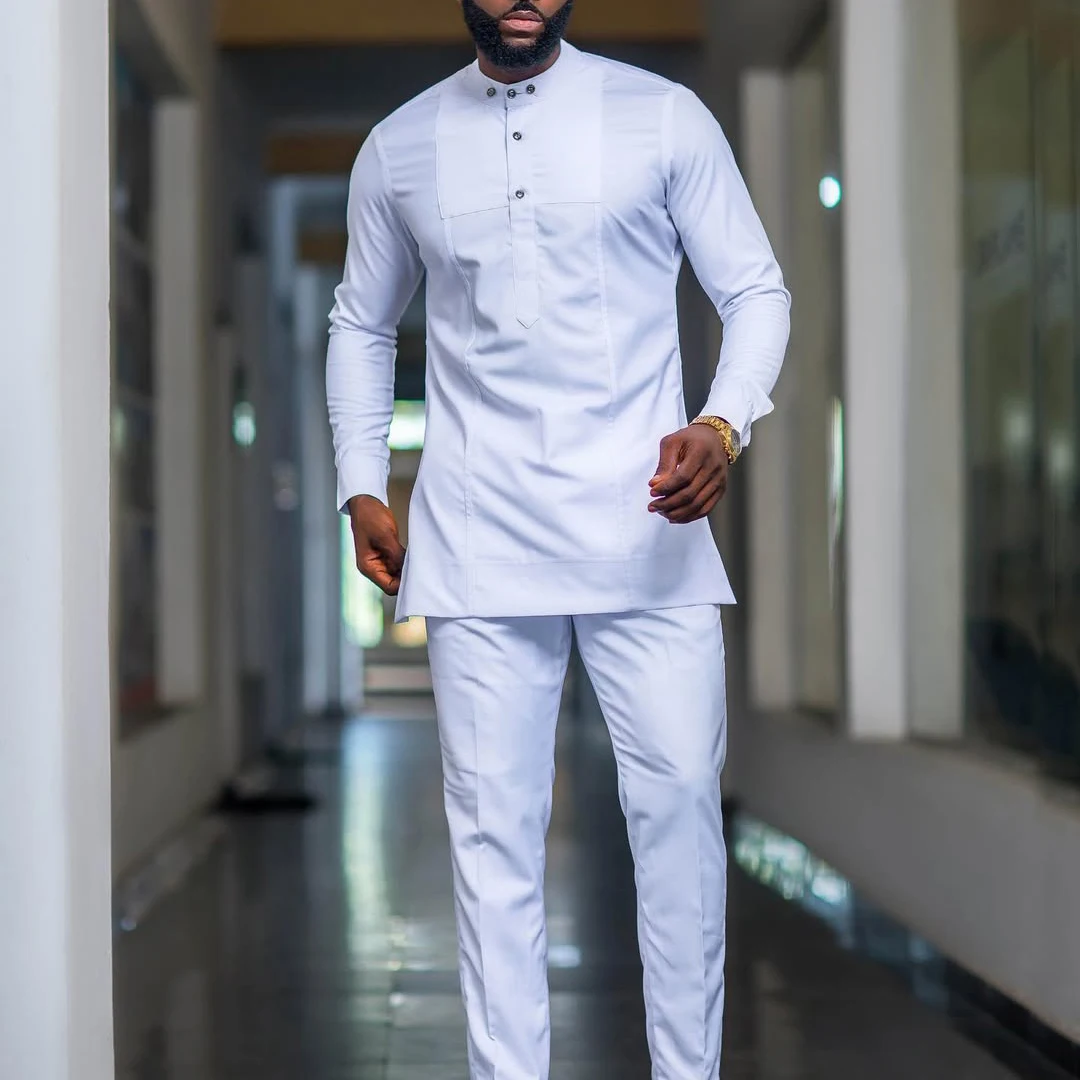 Men's Designer Clother Solid Color White Luxury Brand Clothing For Male African Traditional Outfit Dashiki 2Pc Elegant Men Suits Full Pant Sets view 5