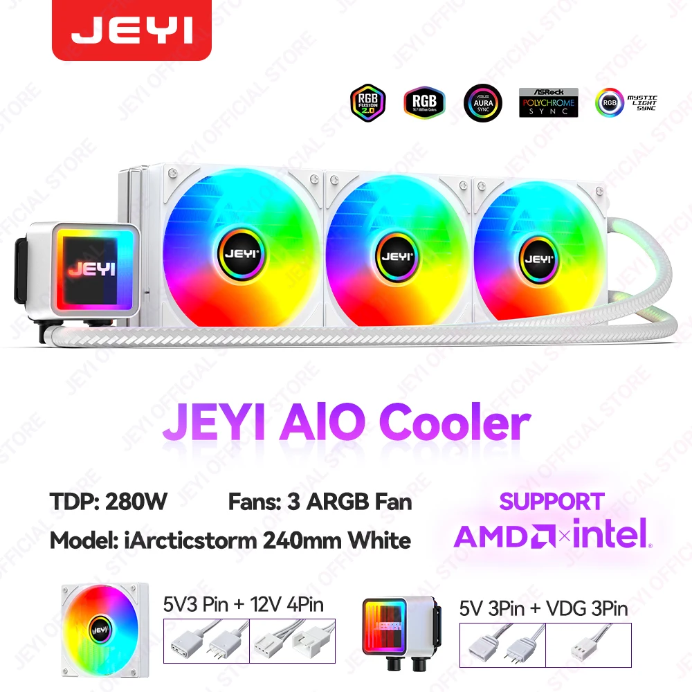 JEYI vloeistofkoeler 120/240/360, ARGB CPU AIO waterkoeler, waterkoeling pc, ondersteuning Intel en AMD, efficiënte PWM-gestuurde pomp