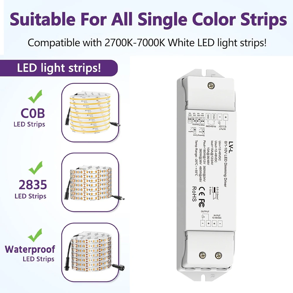 0/1-10V 1CH 12A Dimmable Led Driver DC 12V 24V 36V LED Dimmer Led Dimming Controller PWM For SMD COB 2835 Single Colol LED Strip