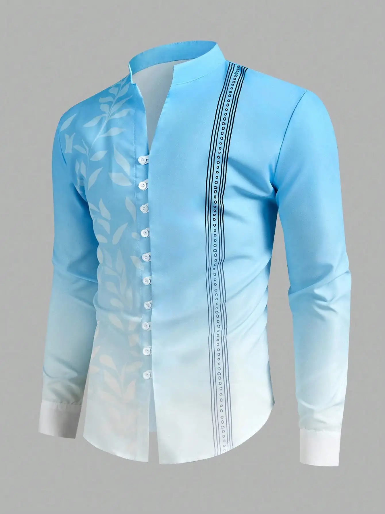 

Men's Ombre Blue Long Sleeve Button-Up Shirt with Leaf Print and Stripe Detail