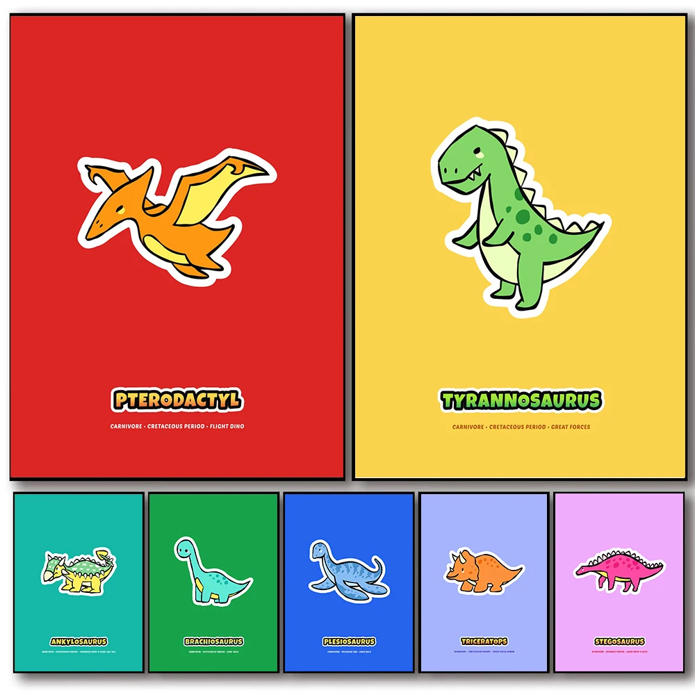 

Colorful Cute Dinosaurs Cartoon Canvas Painting Pop Poster Prints Home Kids Bedroom Wall Art Pictures for Living Room Decor Gift