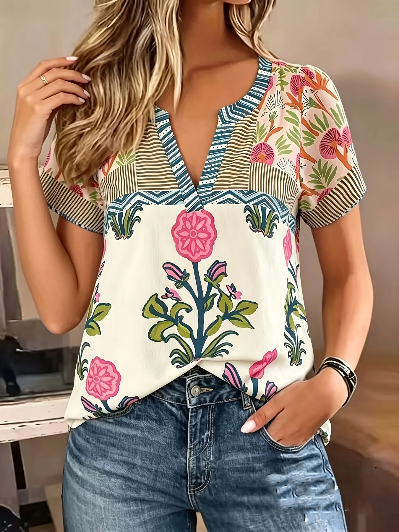 

Women's color blocked floral print and striped V-neck short sleeved casual top retro suitable for commuting, vacation, daily wea