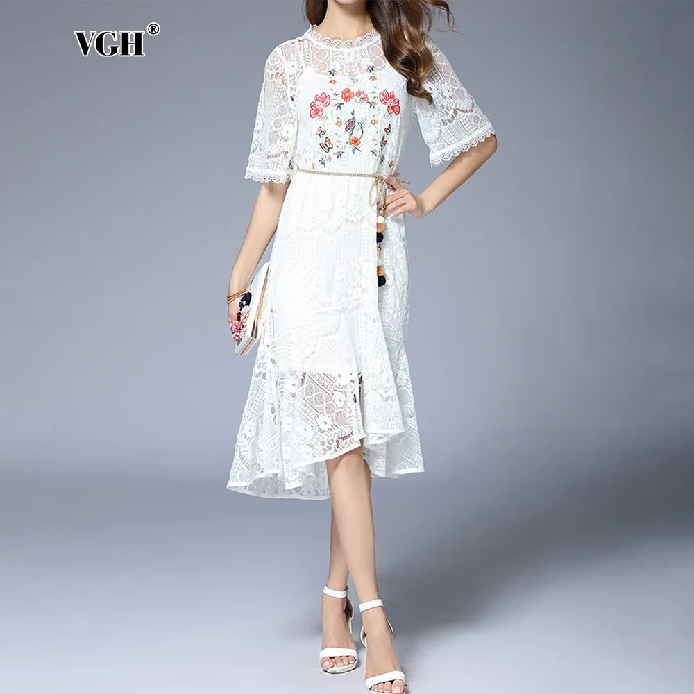 VGH Bohemian White Embroidery Women's Two Piece Suit Camisole Vest O Neck Short Sleeve Spliced Lace Up Mini Dress Set Female New