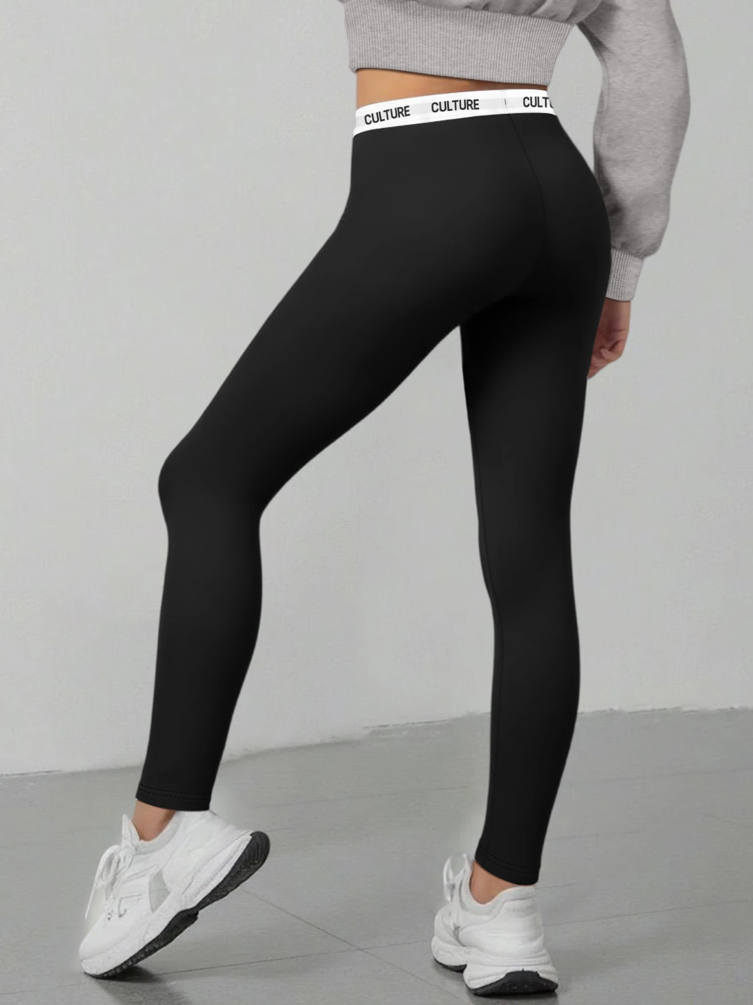 Women High Waist Letter Woven Waistband Leggings Soft Stretch Slim Hip‑Shaping Black Casual Streetwear Skinny Pants