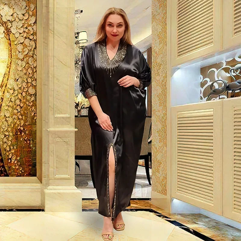 

Платье макси большого размера, африканское женское элегантное атласное вечернее платье с коротким рукавом и бриллиантами, 2024, повседневный свободный однотонный летний халат