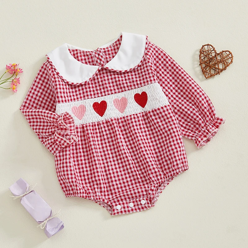 Baby Girl Plaid Romper Heart Embroidery Doll Collar Long Sleeve Bodysuit Spring Fall Clothes