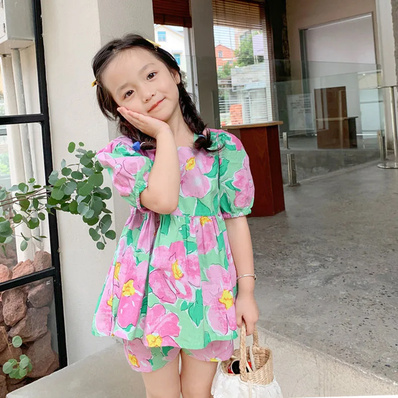 New Summer Girls\' Clothing Sets Sweet Casual Flower Doll Shirt And Shorts Fashion Baby Kids Outfit Children Girls Clothes Suit