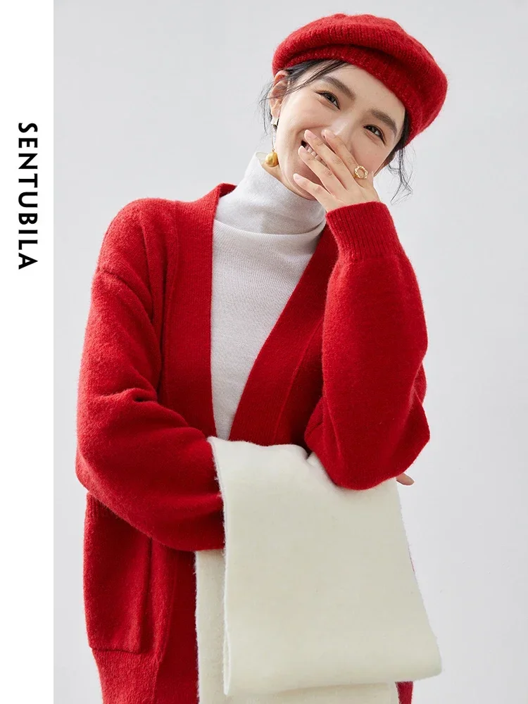 SENTUBILA Czerwony luźny kardigan z dzianiny dla kobiet 2024 Winter V Neck Long Sleeve Pockets Fashion Female Knitwear W43E56600