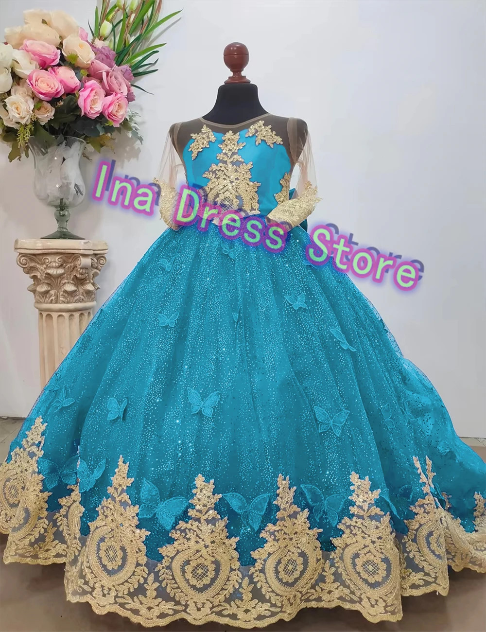 Flor Menina Vestido Elegante Vestidos Erva Daninha Menina Princesa Festa Impressão Luxo Ouro Appliqué Primeira Comunhão Vestidos Personalizados